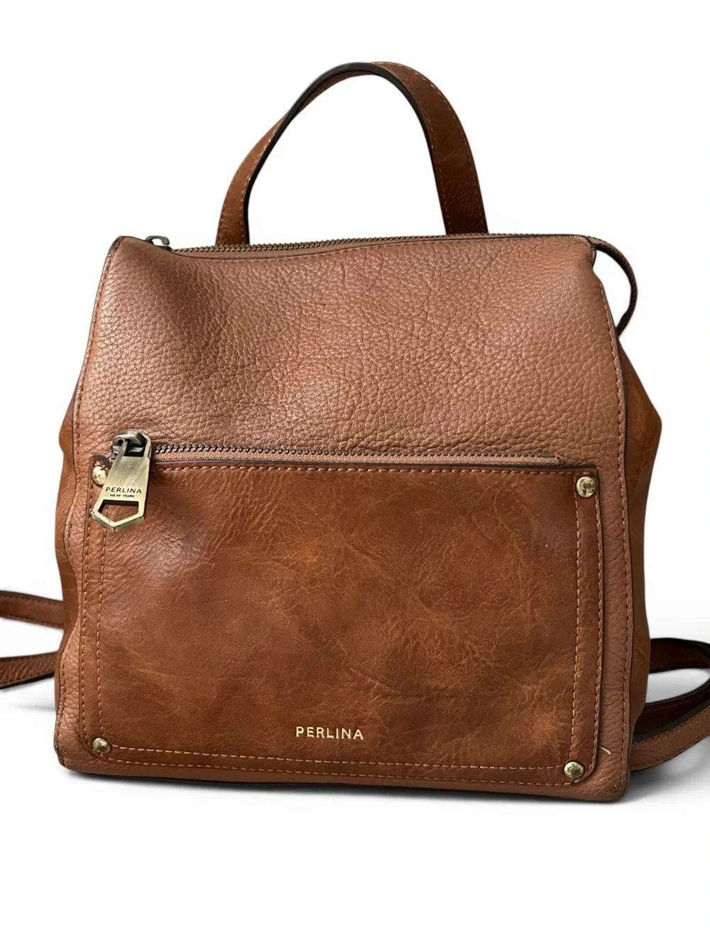 Vintage Perlina Brown Leather Backpack Purse 90s Convertible Shoulder Bag